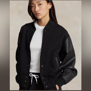 Wool & Leather Black Varsity Bomber Jacket (Men’s Large, Women’s Oversize look)